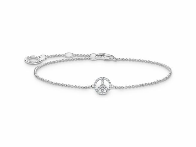 Armband von Thomas Sabo aus Sterling Silber mit Zirkonia verziert, mit einem Peace-Zeichen in der Mitte, Länge 19 cm, elegante Designs für stilvolle Akzente.