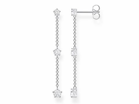 Schmale Silberohrringe aus der Thomas Sabo Charming Collection mit Zirkonia in klar, designt mit funkelnden Elementen und einer eleganten Kette für einen stilvollen Look.