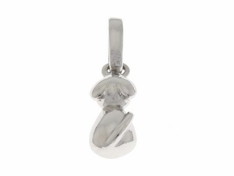 Ein Anhänger in Form eines Hundes, Rückansicht, aus silber rhodiniertem Material, Hersteller Juwelier Harnisch, für Tierliebhaber geeignet.