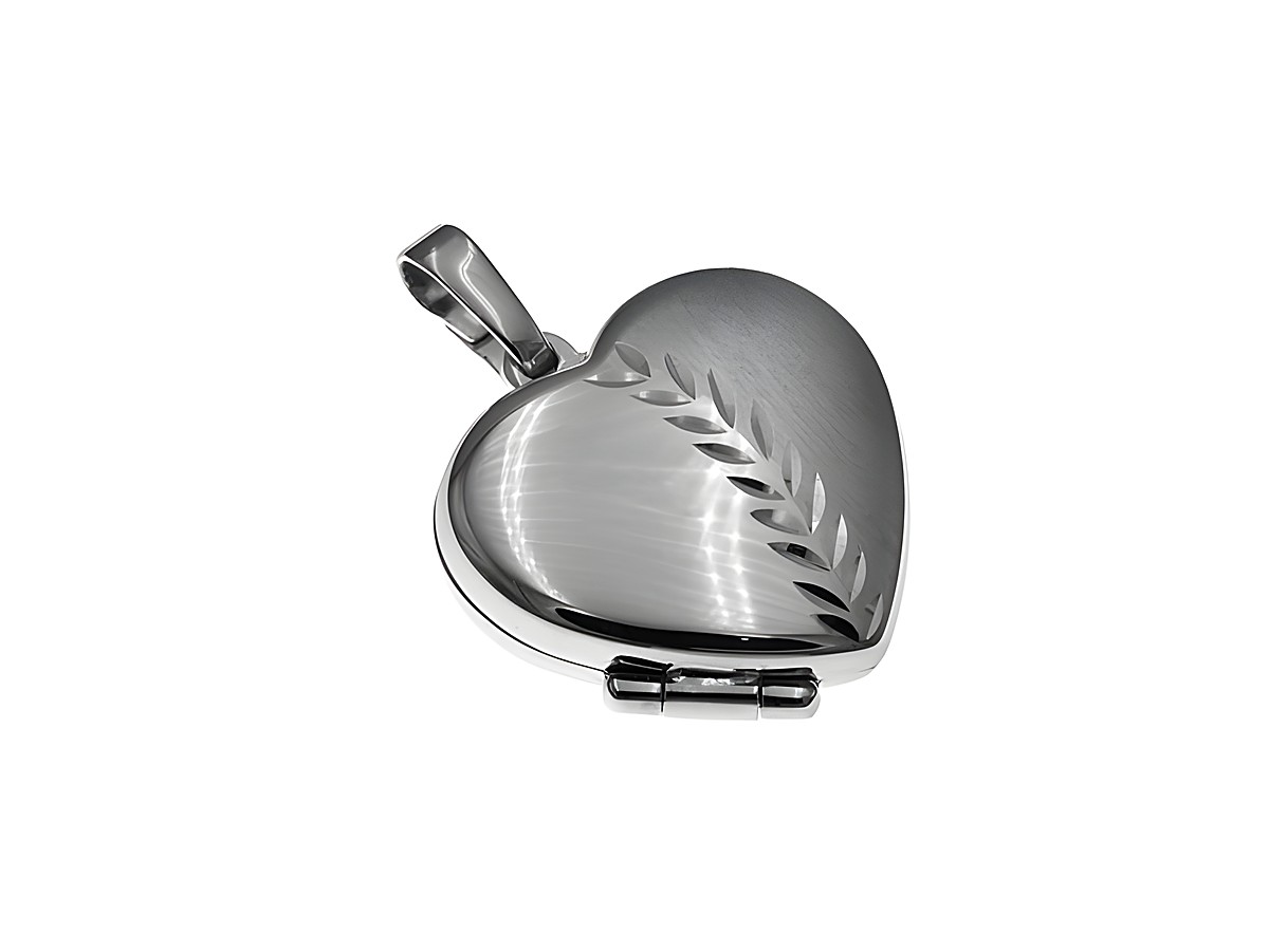 Herz Medaillon aus rhodiniertem Sterling Silber, matt und poliert, mit dekorativen Linien. Hersteller: Juwelier Harnisch. Klassisches und elegantes Schmuckstück in Herzform.