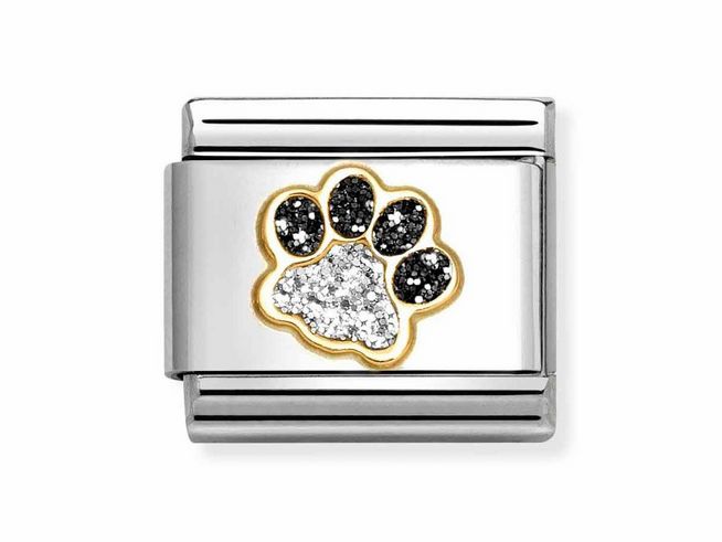 Classic Pfote in Emaille Schwarz und Silber mit gelbgoldenen Akzenten auf Edelstahl von Nomination, ideal als besonderes Schmuckstück für Tierliebhaber.