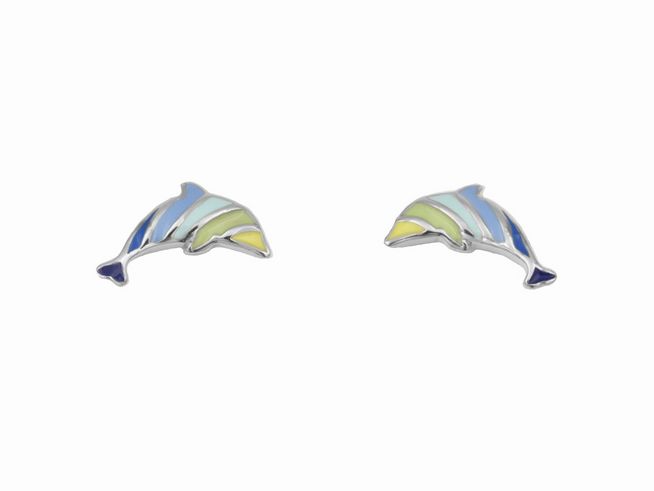 Ohrringe Ohrstecker Delfin Lack bunt aus Sterling Silber rhodiniert für Kinder, präsentiert in einem farbenfrohen Design mit stilisierten Delfinen.
