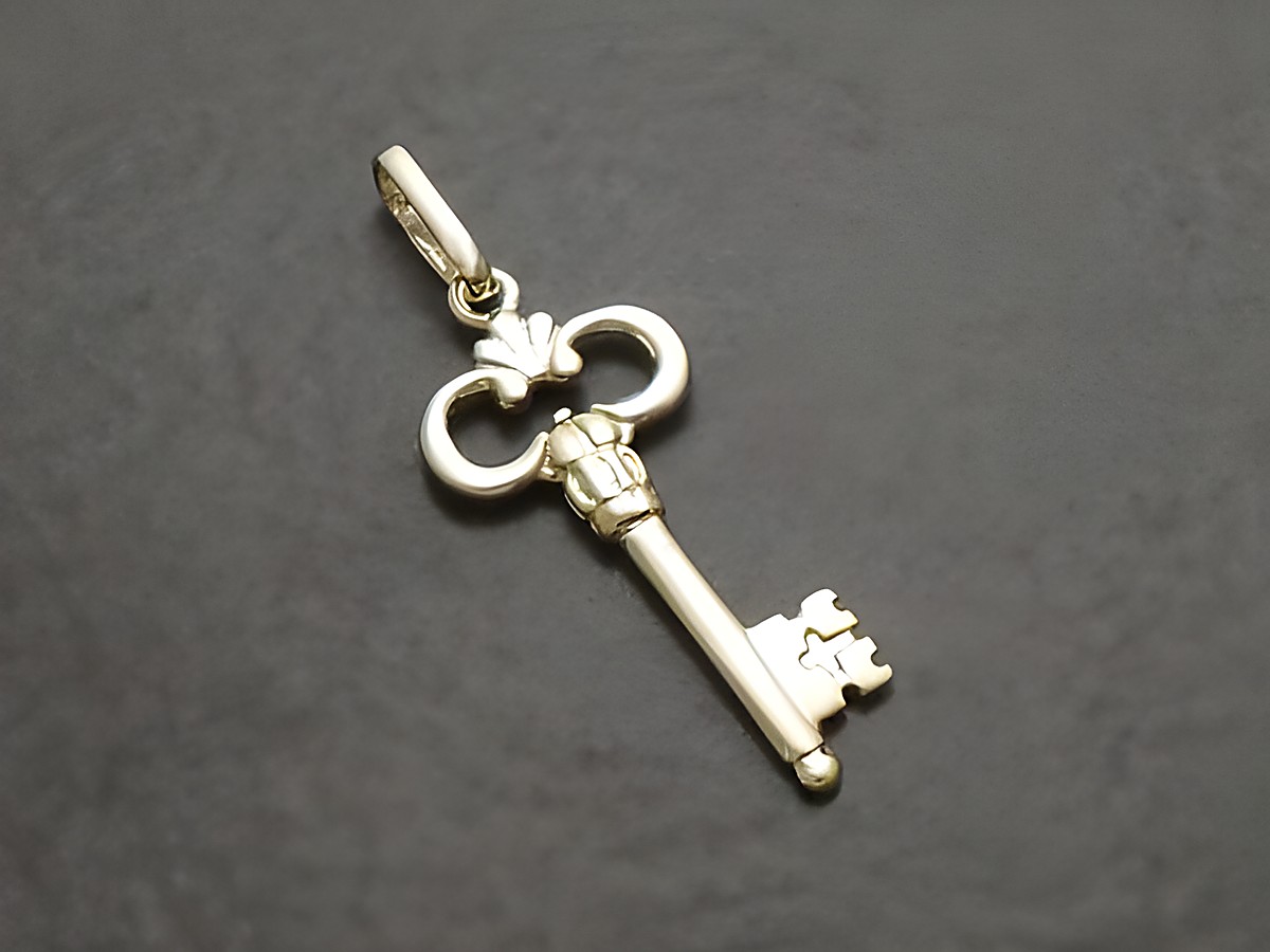 Gold Anhänger in Form eines 20 mm langen Schlüssels als Glücksbringer, hochwertig verarbeitet vom Hersteller Juwelier Harnisch. Ideal als Schmuckstück oder Geschenk.