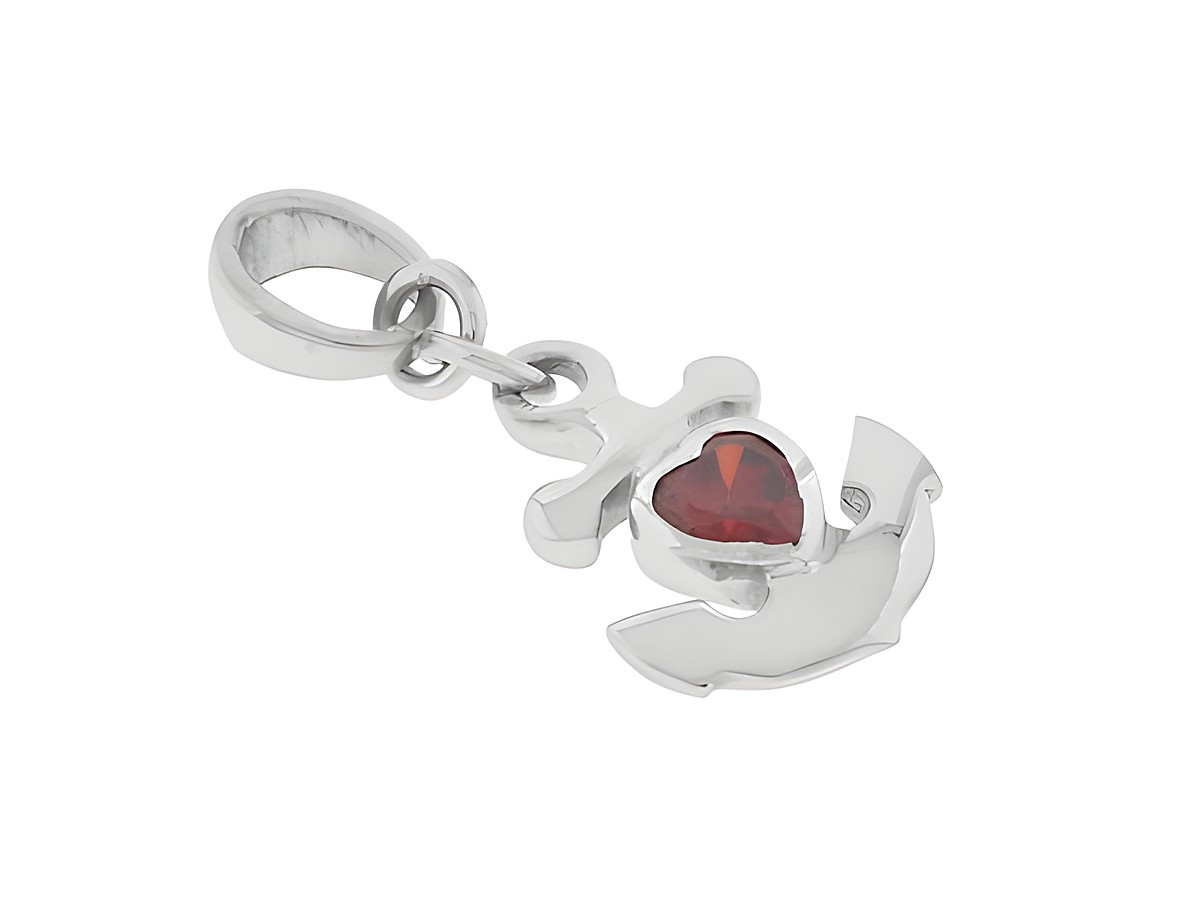 Silber Anhänger mit einem Motiv aus Glaube, Liebe, Hoffnung, rhodiniert, verziert mit einem roten Zirkonia, hergestellt von Juwelier Harnisch, ideal als Schmuckstück für besondere Anlässe.