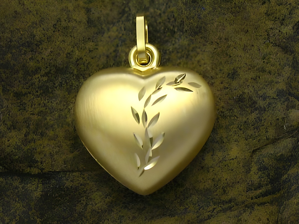 Herzanhänger aus Gold mit plastischer Ranke, Durchmesser 15 mm, Hersteller Juwelier Harnisch, an einem steinfarbenen Hintergrund platziert.