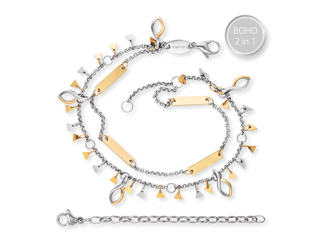 Engelsrufer ERBS-TRIANGLE BOHO Armband Triangle Bicolor aus Edelstahl in 17 cm Länge mit stylischen Anhängern in Silber und Gold, geeignet für jeden Anlass.