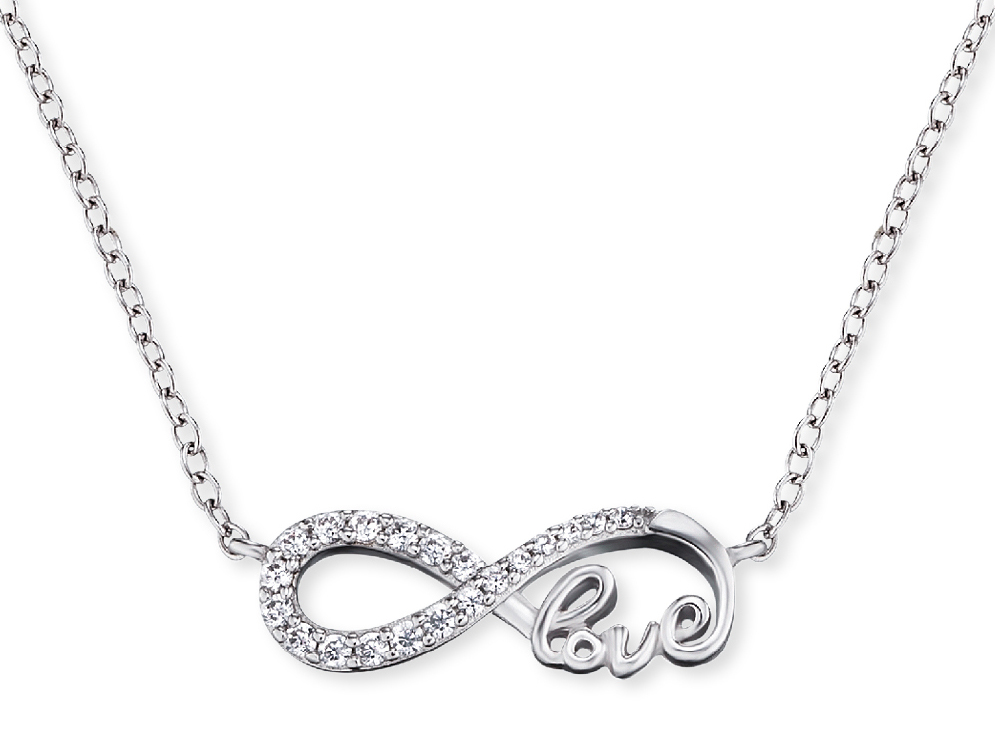 Silberne Kette von Engelsrufer mit einem Anhänger in Form einer Unendlichkeitsschleife, verziert mit Cubic Zirconia, und dem Schriftzug love, Länge 40 cm, rhodiniert.