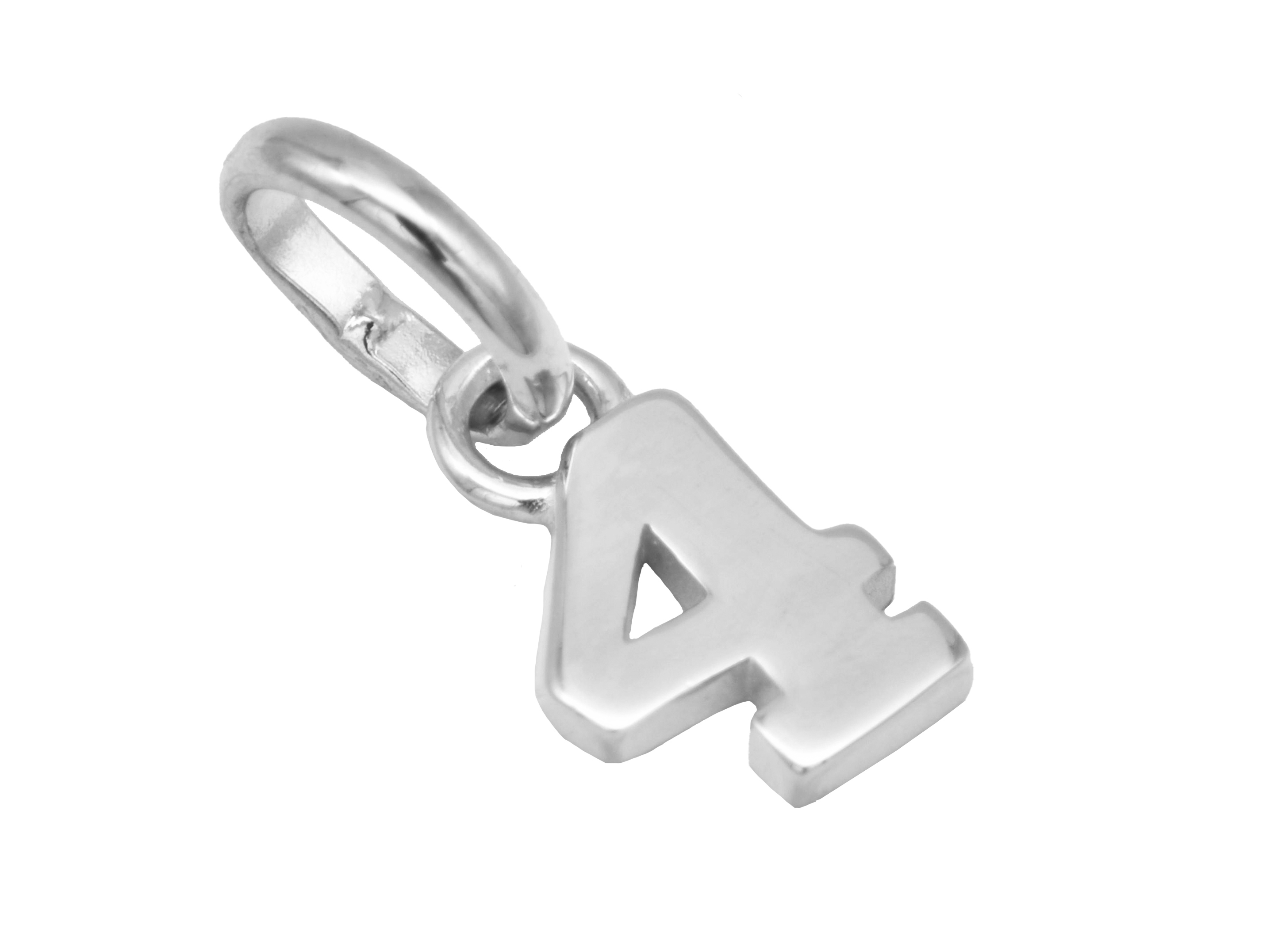 Silber Anhänger Zahl 4 aus rhodiniertem Sterling Silber, poliert. Ideal als Glückszahl, gefertigt von Juwelier Harnisch.