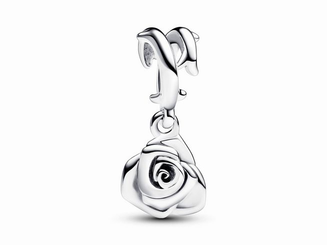 Blühende Rosen Charm-Anhänger aus Silber von Pandora, filigran gearbeitet mit einem detailreichen Rosendesign und einem stilvollen Aufhängungsclip, ideal für personalisierte Schmuckstücke.