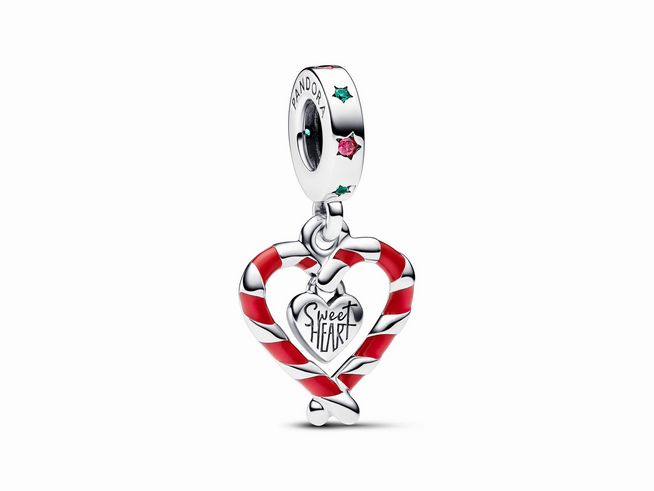 Doppelte Zuckerstange Herz Weihnachts-Charm-Anhänger aus Sterling Silber mit multicolor Steinmix und eingraviertem Sweet Heart, geeignet für Pandora Armbänder.