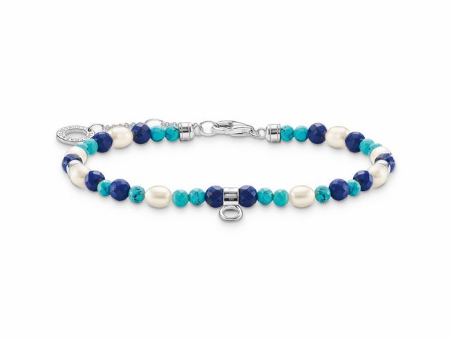 Sterling Silber Armband von Thomas Sabo mit imitierendem Lapislazuli und Zirkonia, 19 cm verstellbar bis 20 cm, kombiniert verschiedene Farbstein- und Perlenakzenten.
