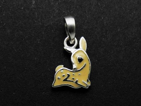 Rehkitz Silber Anhänger rhodiniert in beige und schwarz, stilisierte Ricke, geeignet für Kinder, Hersteller Juwelier Harnisch.