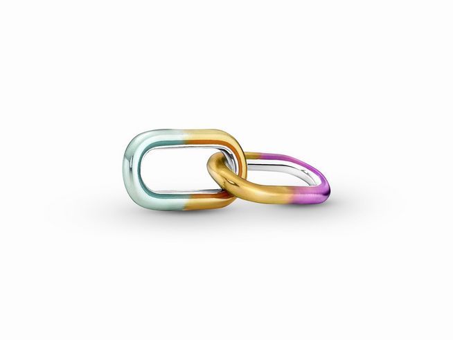 Zwei verbundene Glieder in verschiedenen Farben aus Sterling Silber und Emaille, eines in Blau-Grün mit orangefarbenem Akzent und das andere in Gold mit lila und orangefarbenem Verlauf.