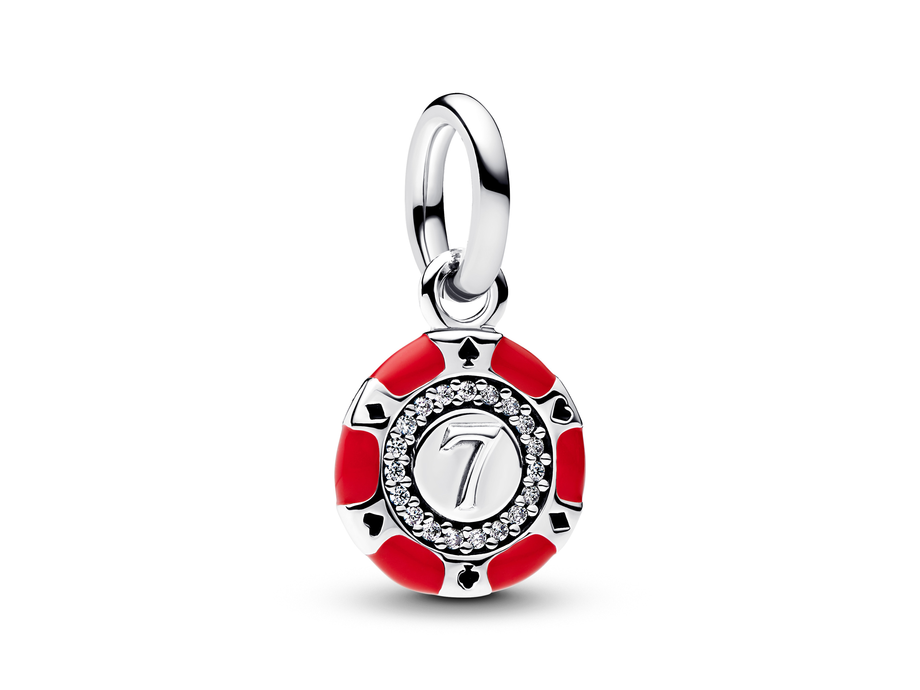 Glückschip-Anhänger aus Sterling Silber von Pandora mit der Glückszahl 7, umgeben von rotem Emaille und funkelnden Zirkonia, ideal für stilvolle Akzente.