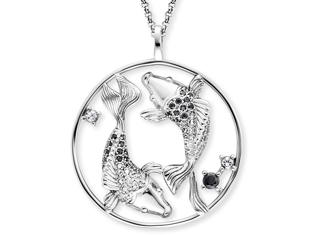 Silberne Yin Yang Kette mit zwei Fischen, besetzt mit Zirkonia und glänzenden Details, elegante Form, inklusive einer feinen Kette von 42 cm plus Verlängerung, stilvoll und modern.