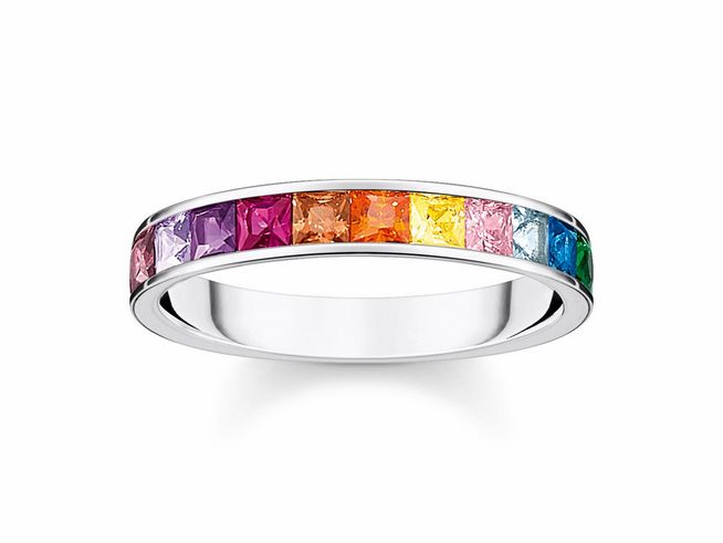 Silberner Bandring von Thomas Sabo mit bunten, funkelnden Glas-Keramik Steinen und synth. Korund in Regenbogenfarben, Größe 62.
