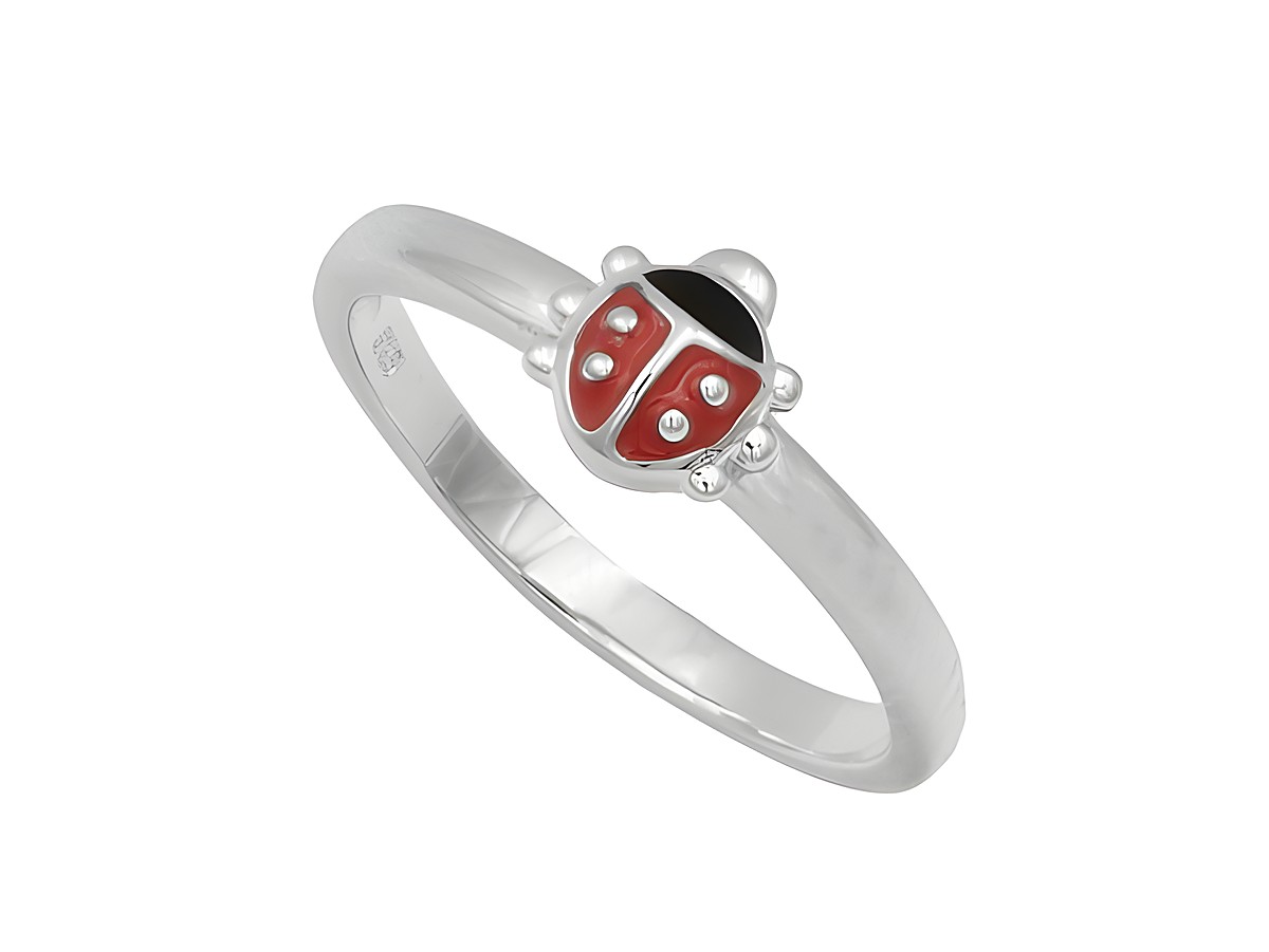 Kinderring mit einem Marienkäfer aus rhodiniertem Sterling Silber in Größe 48, ideal für Kinder, der mit roten und schwarzen Details verziert ist.