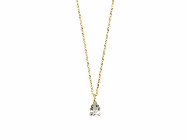 Zarte Xenox Gold Kette XG4553G mit einer Länge von 42 cm, gefertigt aus 375 Gelbgold. Die Kareekette trägt einen eleganten Anhänger mit einem klaren, tropfenförmigen Stein.