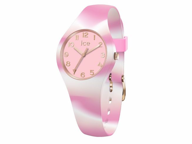 Eisige Uhr ICE tie and dye in Pink und Weiß mit einem runden Zifferblatt und goldenen Zeigern, ideal für modische Akzente und lässige Outfits, Größe Extra klein.