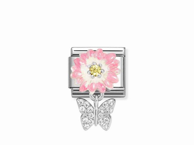 433181408-0 Charm aus Silber mit einer rosa Margerite und einem Schmetterling aus Zirkonia und Emaille in Weiß-Gelb von Nomination, ideal für individuelle Armbänder.
