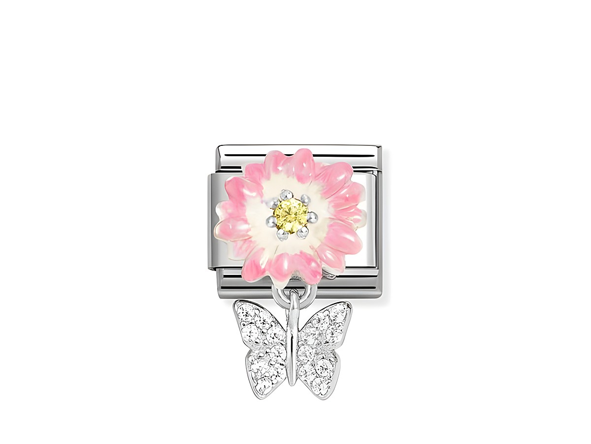 Charm aus Silber mit einer rosa Margerite und einem Schmetterling aus Zirkonia und Emaille in Weiß-Gelb von Nomination, ideal für individuelle Armbänder.