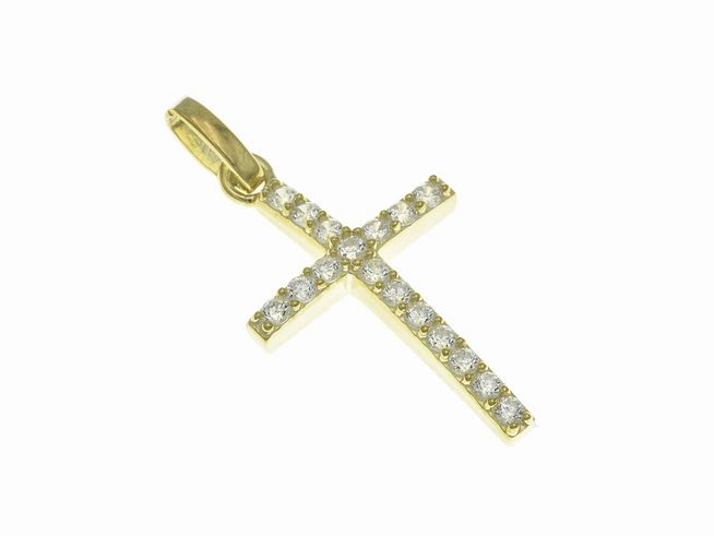 Anhänger aus poliertem Sterling Silber in Kreuzform, vergoldet mit Gelbgold, verziert mit funkelnden Zirkonia-Steinen, Hersteller Juwelier Harnisch, ideal als Schmuckstück von edlem Design.