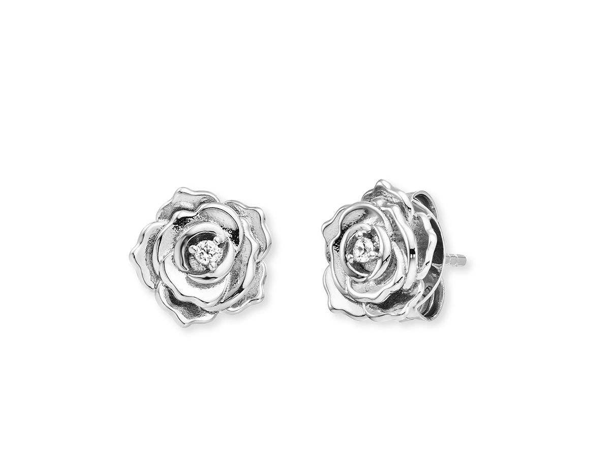 Silberne Ohrringe in Form einer Rose mit Zirkonia, rhodiniert, Durchmesser 10 mm, von Engelsrufer, Modell ERE-ROSE-ZI-ST ROSE. Ideal als elegantes Accessoire.