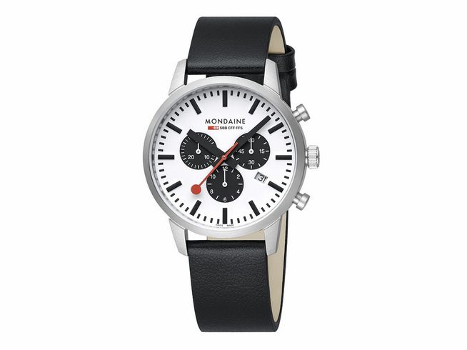 Mondaine Neo MSD.41410.LBV Uhr in matt Edelstahl mit einem Durchmesser von 41 mm, ausgestattet mit Chronograph und Datum, schwarzem Lederarmband und weißem Ziffernblatt.