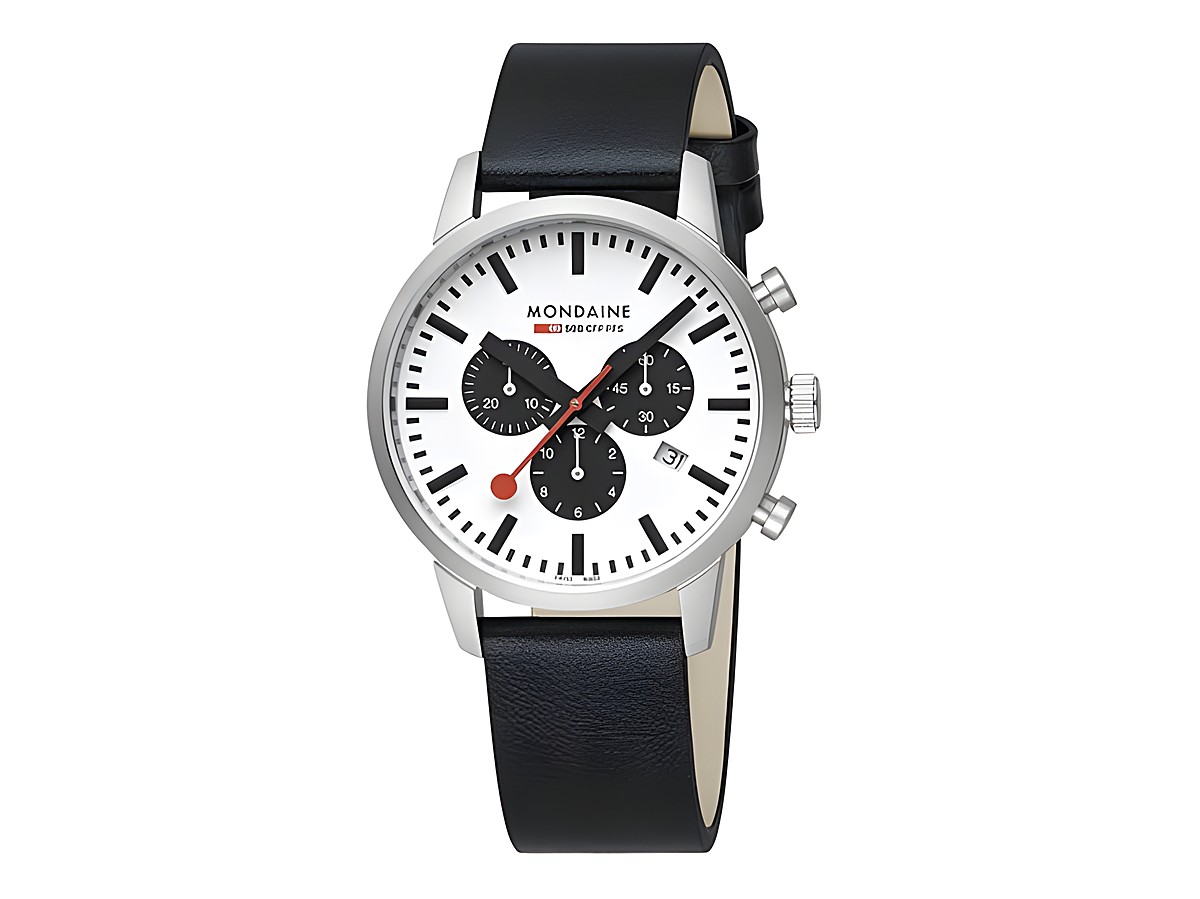Mondaine Neo MSD.41410.LBV Uhr in matt Edelstahl mit einem Durchmesser von 41 mm, ausgestattet mit Chronograph und Datum, schwarzem Lederarmband und weißem Ziffernblatt.