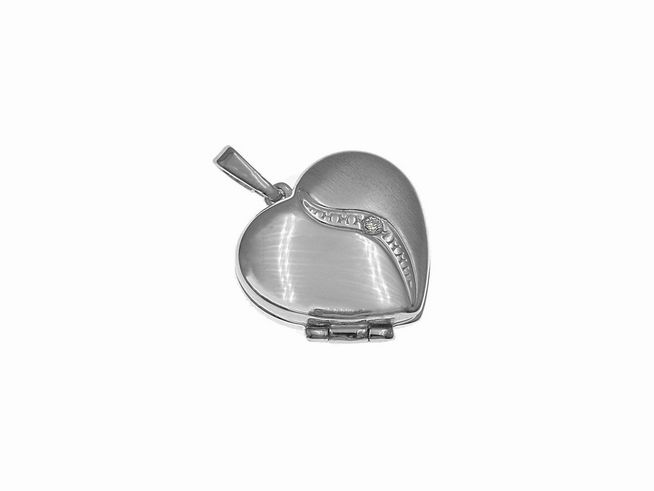 Silber Medaillon in Herzform, elegant teilmattiert, mit rhodiniertem Finish und weißen Zirkonia. Hersteller: Juwelier Harnisch. Ideal als romantisches Schmuckstück.
