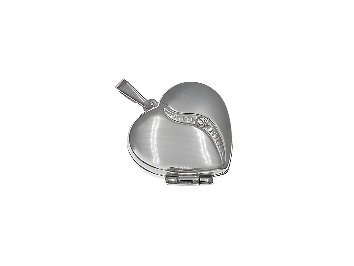 Silber Medaillon in Herzform, elegant teilmattiert, mit rhodiniertem Finish und weißen Zirkonia. Hersteller: Juwelier Harnisch. Ideal als romantisches Schmuckstück.