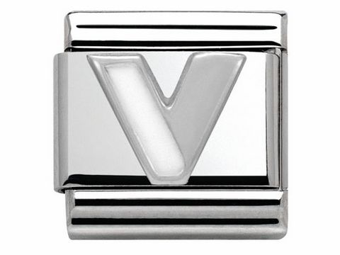 Nomination Classic SilverShine 330205 22 V Buchstaben Emaille zeigt einen silbernen Buchstaben V, der glänzend und modern gestaltet ist, ideal für personalisierte Schmuckstücke.