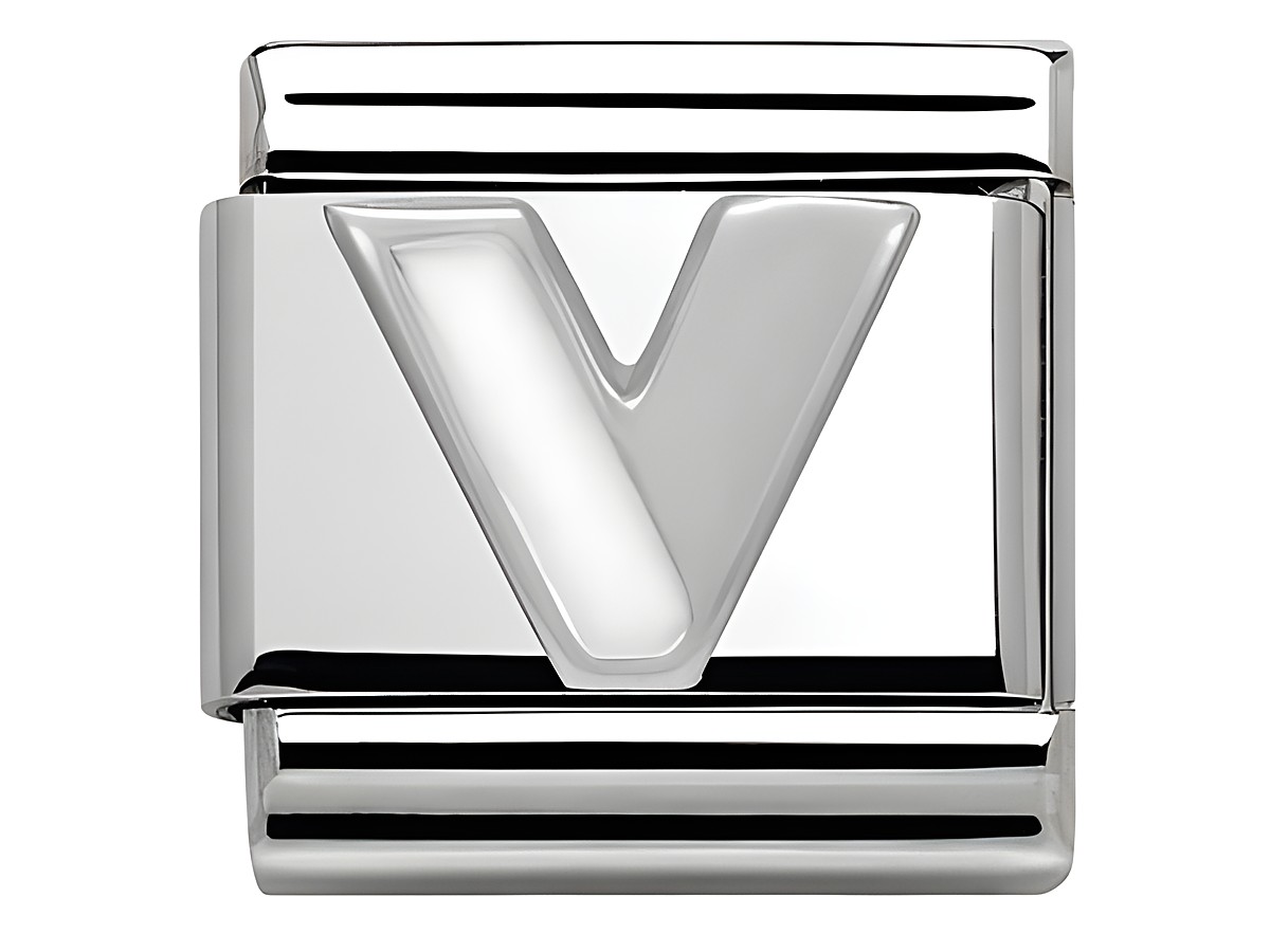 Nomination Classic SilverShine 330205 22 V Buchstaben Emaille zeigt einen silbernen Buchstaben V, der glänzend und modern gestaltet ist, ideal für personalisierte Schmuckstücke.