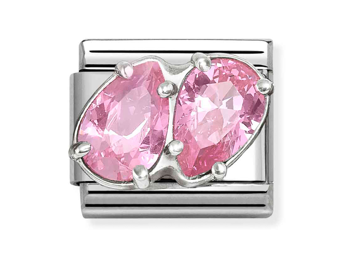 Sterling Silber Charm von Pandora mit zwei tropfenförmigen Zirkonia in zartem Rosa, kombiniert mit einem modernen Design, ideal für stilvolle Akzente.