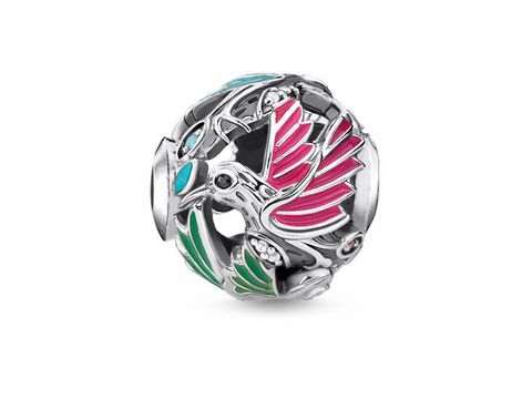 Thomas Sabo Karma Beads K0339-340-7 Bead aus Silber mit bunten Steinmotiven, zeigt stilisierte Vogel- und Blattformen in pink, blau und grün, ideal für individuelle Schmuckkreationen.