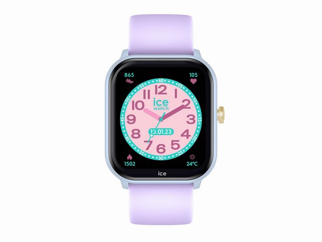 Ice Watch Smartwatch Uhr 022800 smart junior 2.0 in Soft Blue Purple mit 1.75 Zoll Display zeigt ein buntes Ziffernblatt in Pink und Blau sowie eine Uhrzeit von 12 Uhr.