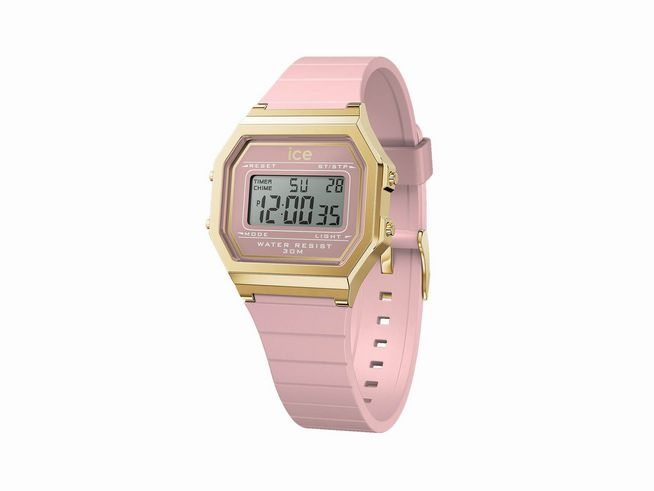 Ice Watch Uhr ICE digit retro in blush pink mit goldfarbener Gehäuseumrandung und digitalem Display, wasserdicht bis 30 Meter, ideal für modebewusste Träger.