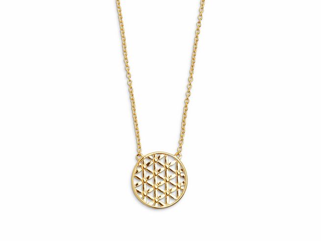Xenox Sterling Silber Kette XS2898G mit Lebensblume Anhänger in Gelbgold vergoldet, Ankerkette von 40-45 cm, zarte Darstellung der Blume des Lebens.