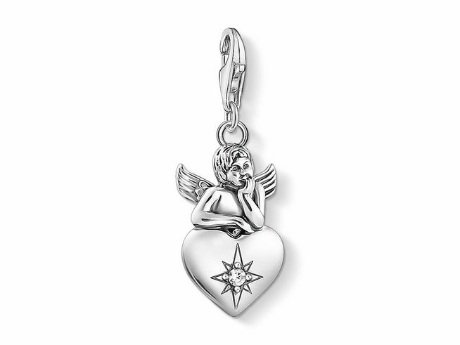 Charm-Anhänger in Form eines Schutzengels mit Herz, gefertigt aus geschwärztem Sterling Silber und Zirkonia, Hersteller Thomas Sabo, beinhaltet engelartige Figur mit Flügeln.