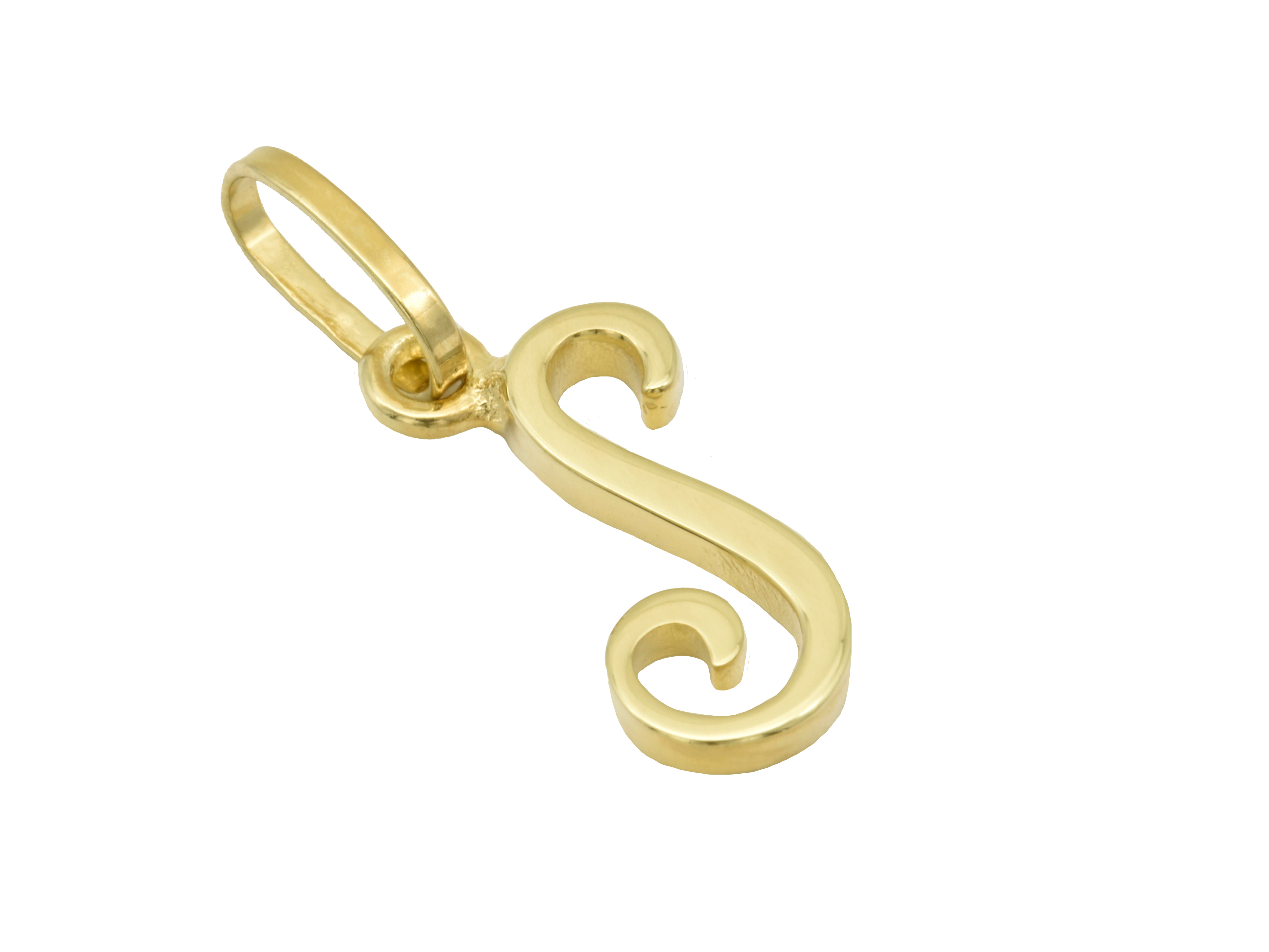Buchstabenanhänger S aus gelbgold 333, poliert, mit feiner geschwungener Form, Hersteller Juwelier Harnisch, ideal als personalisiertes Schmuckstück.
