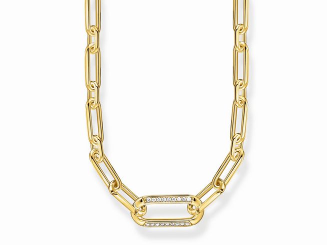 Elegante Gliederkette aus silber vergoldetem Metall mit Zirkonia in Weiß. Die Kette hat einen markanten Anhänger und misst 45 cm. Perfekt für stilvolle Akzente.