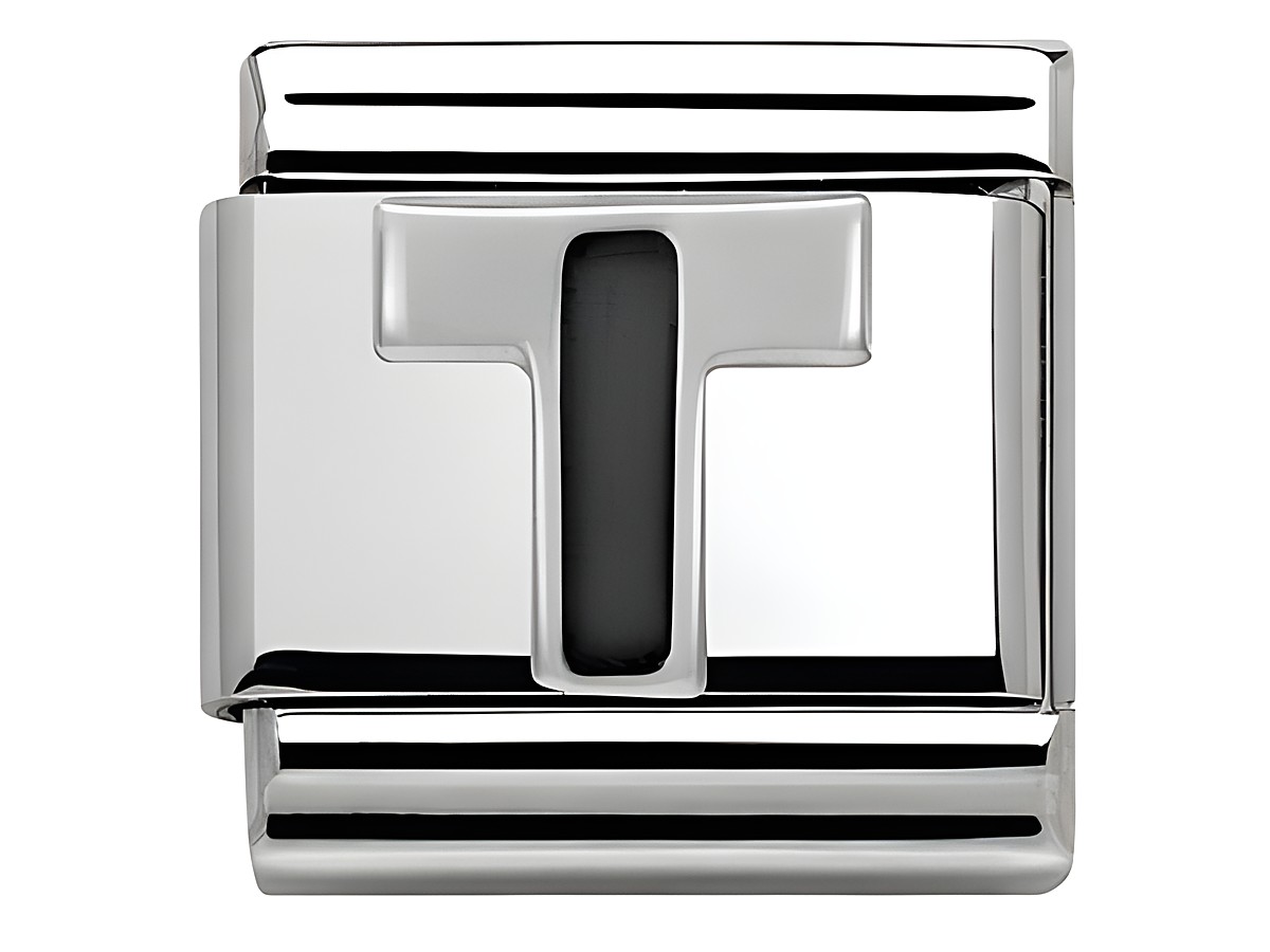Buchstabe T aus Emaille in Classic SilverShine, 330201 20, von Nomination, für Schmuckstücke geeignet, glänzende Oberfläche mit einem eleganten Design.