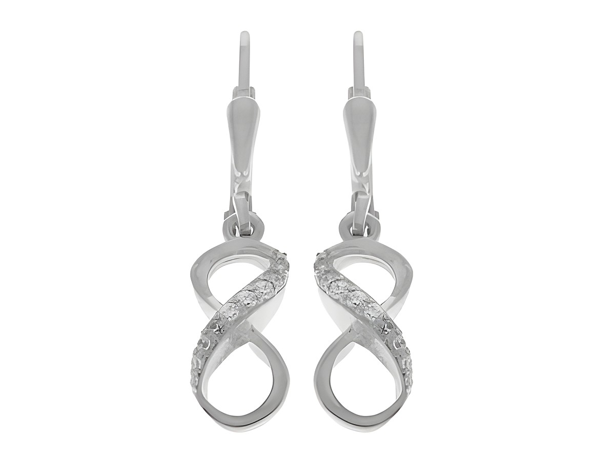 Ohrringe Hänger mit Unendlich Zeichen in Silber rhodiniert, modisch gestaltet und verziert mit einem Stein, Hersteller: Juwelier Harnisch.