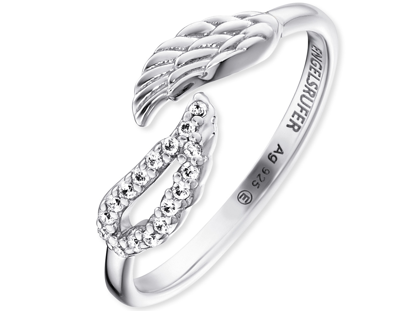 Der Engelsrufer ERR-TWINWING-ZI TWINWING Ring aus rhodiniertem Silber zeigt ein elegantes Design mit doppelten Flügeln und funkelnden Zirkonia-Steinen, ideal für stilbewusste Trägerinnen.