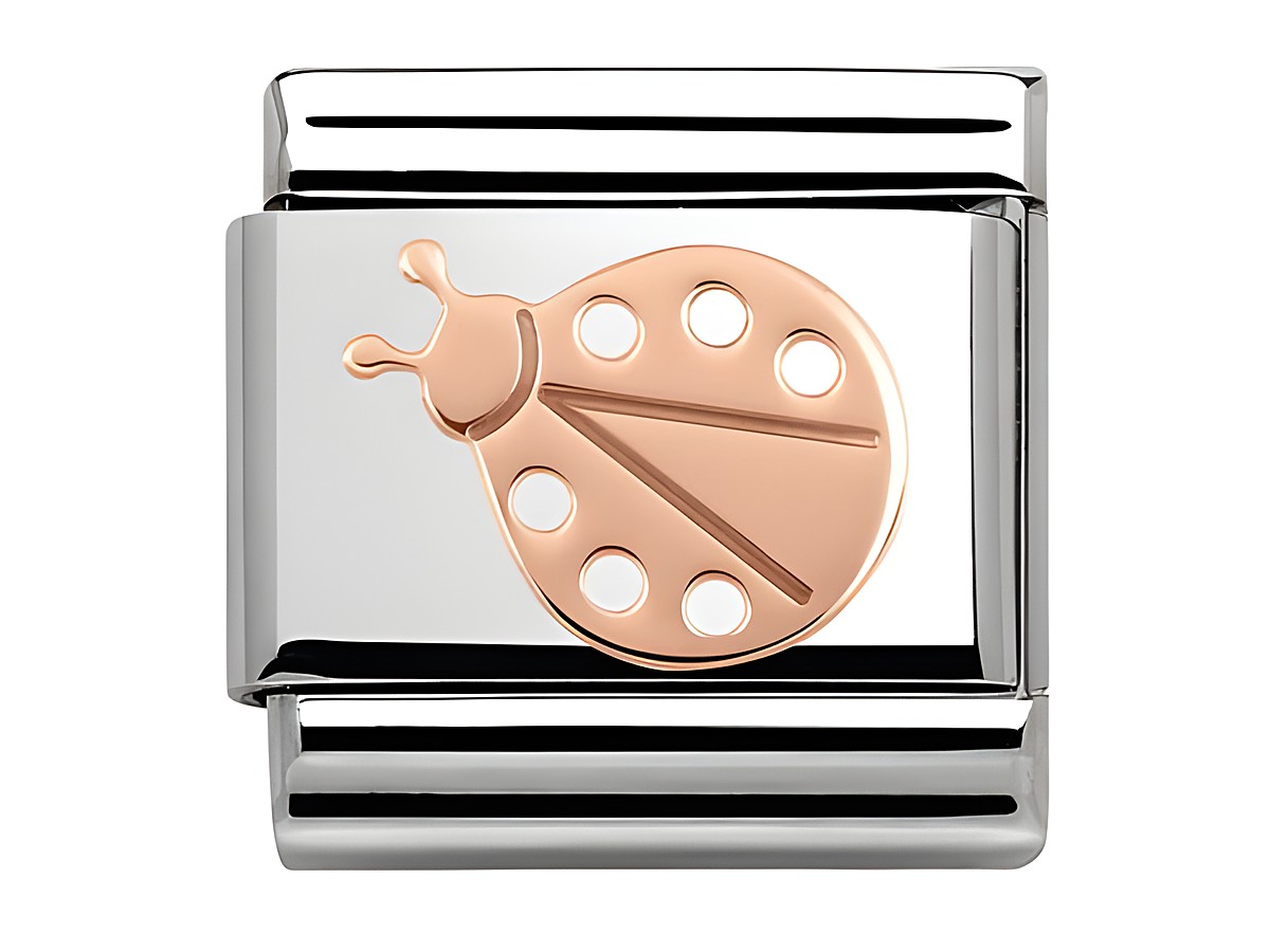 Armbandglied aus Edelstahl mit marienkäferförmigem Roségold-Symbol, verziert mit Punkten, elegantes und modernes Design, Teil der Kollektion von Nomination.