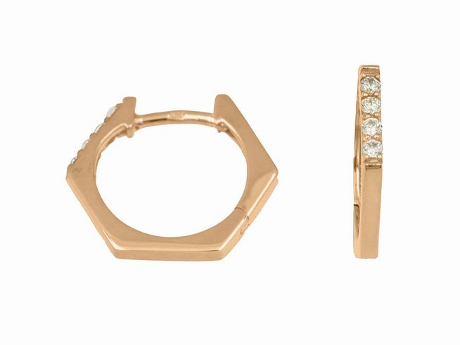 Creolen im Hexagon-Design, 1,6 cm, aus Sterling Silber mit Roségold Vergoldung, verziert mit funkelnden Zirkonia-Steinen, hergestellt von Juwelier Harnisch.