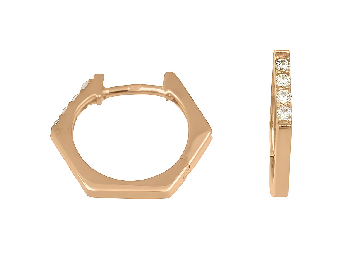 Creolen im Hexagon-Design, 1,6 cm, aus Sterling Silber mit Roségold Vergoldung, verziert mit funkelnden Zirkonia-Steinen, hergestellt von Juwelier Harnisch.