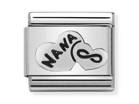 Charm aus hochwertigem Edelstahl mit der Aufschrift Nana und einem Unendlichkeitssymbol, kombiniert mit herzförmigen Elementen, geeignet für Nomination Armbänder, Hersteller SilverShine.