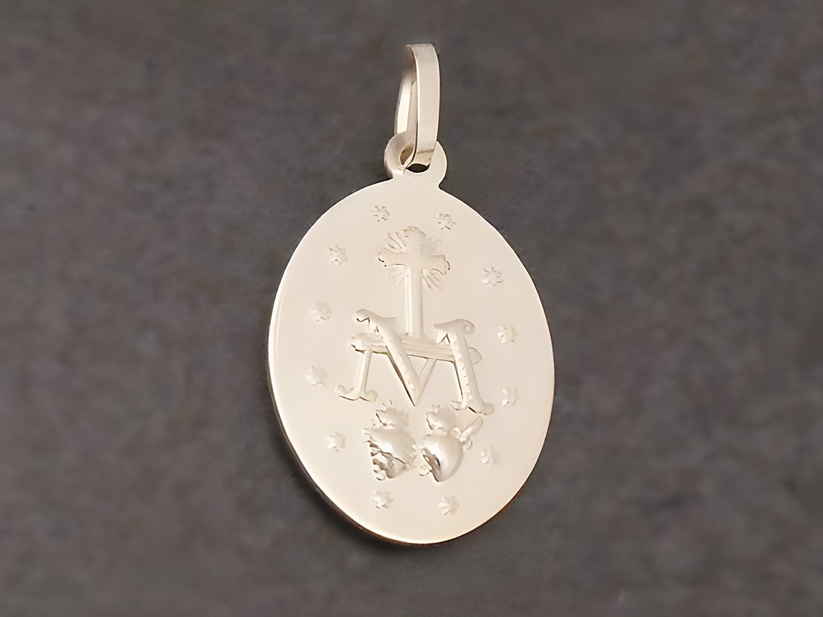Heilige Maria - Milagrosa Herzen - Gold Anhänger teilmattiert, Hersteller Juwelier Harnisch, Schutzpatron. Ein ovaler Anhänger mit detaillierter Prägung und Glanzakzenten. – Ansicht 2