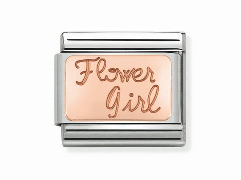 Eine roségoldene Blogger-Platte mit dem Schriftzug Flower Girl, eingefasst in einem silbernen Rahmen, von der Marke Nomination, Modell Classic, 430108 05.
